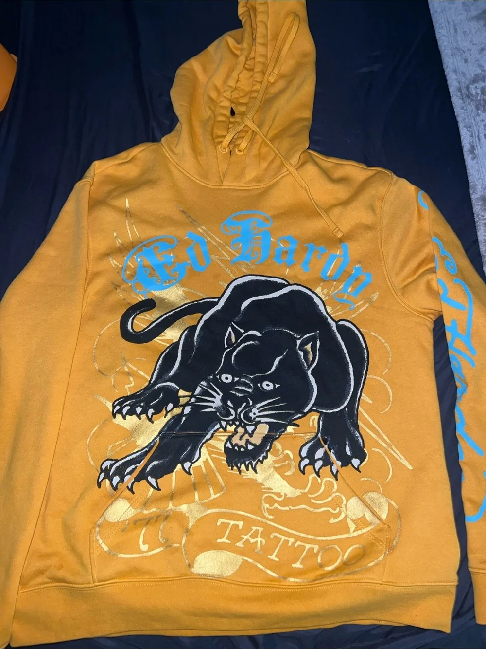 Ed Hardy Yellow Hoodie with Blue Script & Black Panther Graphic
